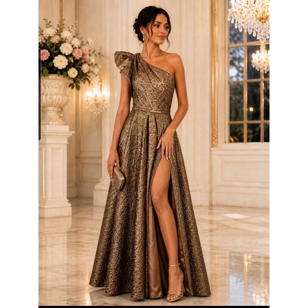 NWT MAC DUGGAL 67297 One Shoulder Metallic Formal Gown Antique Bronze Size 2